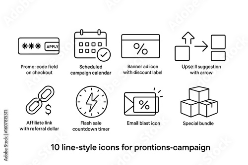 10 Line-Style Icons for Promotions Campaign: Promo Codes, Flash Sale Timer, Email Blast