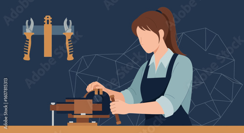 Woman Operating a Bench Vise in a Workshop Setting Detailed Vector Design