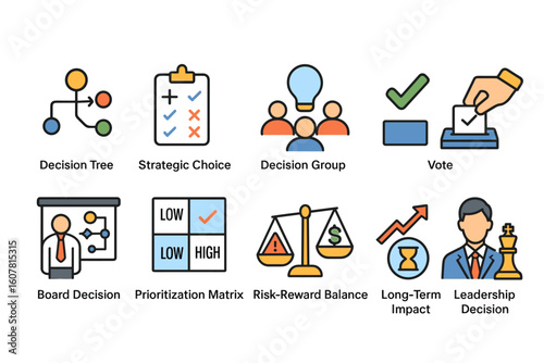 Colorful icons depicting decision-making concepts including tree, voting, and risk-reward balance