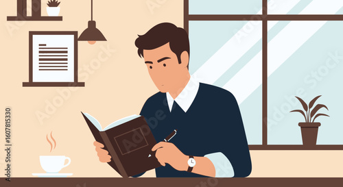 Thoughtful Man Reading Book And Taking Notes At Home In A Cozy Setting