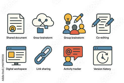 Set of Icons Representing Collaborative and Digital Workspace Concepts