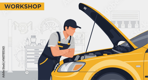 Thoughtful Mechanic Inspecting Vehicle Engine In The Auto Repair Shop