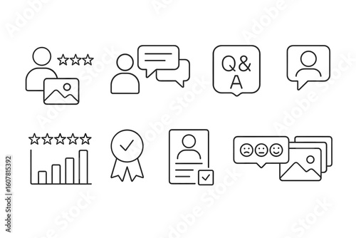 Set of Icons for Ratings, Discussions, Q and A, Performance Metrics, and Sentiment Analysis