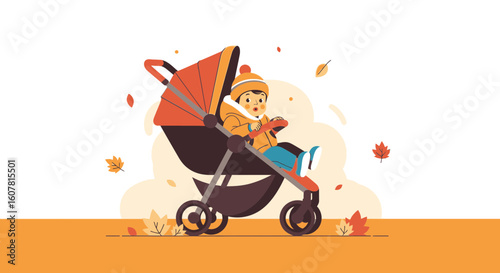 Toddler Enjoying An Autumn Stroll In A Cozy Stroller Full Vector