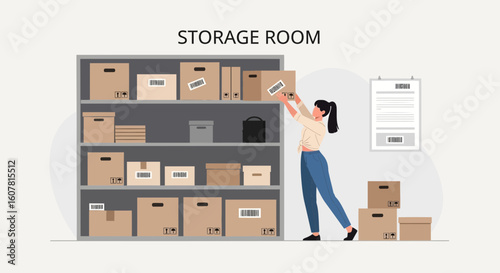 Woman Organizes Storage Room Shelves With Cardboard Boxes Vector Illustration