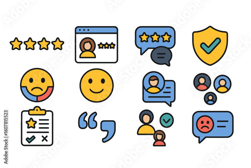 Colorful Icons Set Representing Feedback, Reviews, Ratings, and Community Engagement