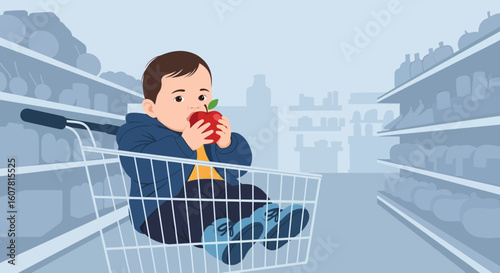 Toddler In Shopping Cart Enjoying A Red Apple At The Supermarket