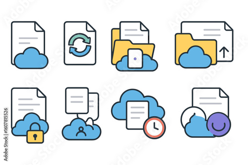 Cloud Computing Icons Set with Document and Folder Illustrations for Storage and Security