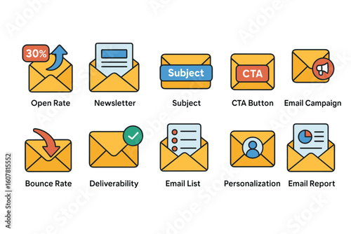 Email Marketing Icons Set - Open Rate, CTA, Bounce Rate, Personalization, and More