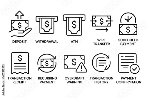 Set of Black and White Icons Representing Various Banking and Financial Operations