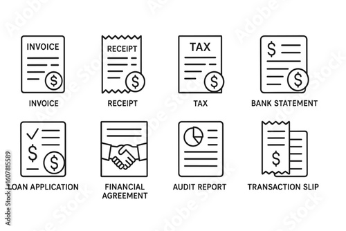 Set of Black and White Line Icons Representing Financial Documents and Agreements