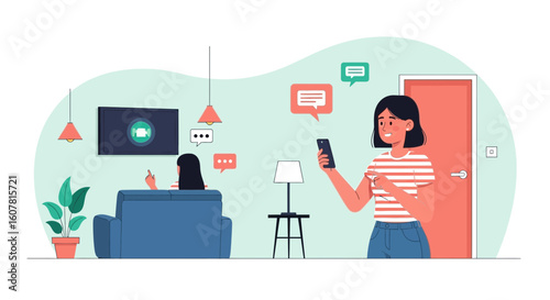 Two People Communicate Through Online Video Call In Their Respective Houses
