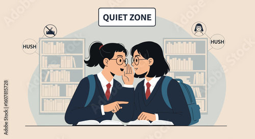 Two Students Sharing Secrets In Quiet Zone Library Study Group Illustration