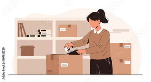 Woman Packing Boxes For Shipping At Home Office Commerce Business