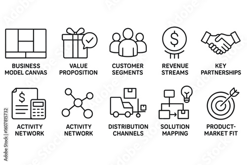 Business Concepts Icons: Canvas, Value Proposition, Customer Segments, Revenue, and Partnerships