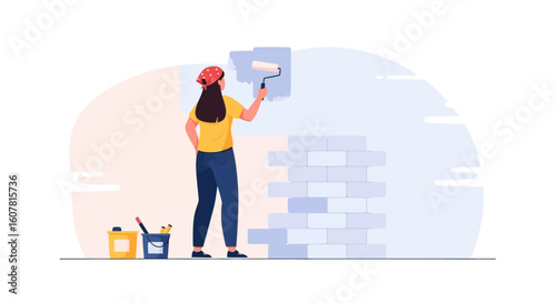 Woman Painting An Interior Wall Of A House With A Paint Roller