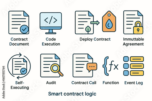 Smart Contract Logic Illustrated with Execution and Audit Icons