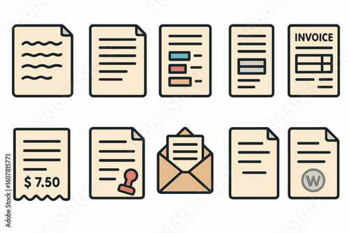 Flat-style Document Icons Set including Invoice, Receipt, and Official Stamp