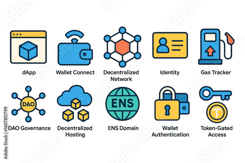 Blockchain Technology and Decentralized Application Icons Set