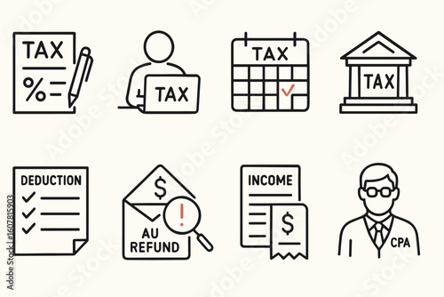Tax and Accounting Icons Set: Tax Filing, Deadlines, Deductions, Refunds, and CPA