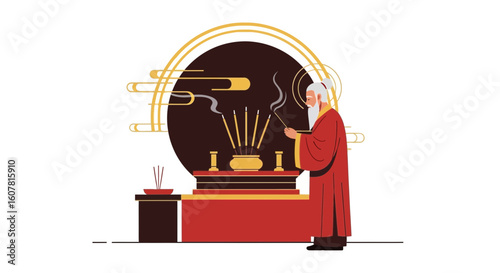 Venerable Monk Lighting Incense Sticks for A Spiritual Ritualistic Prayer
