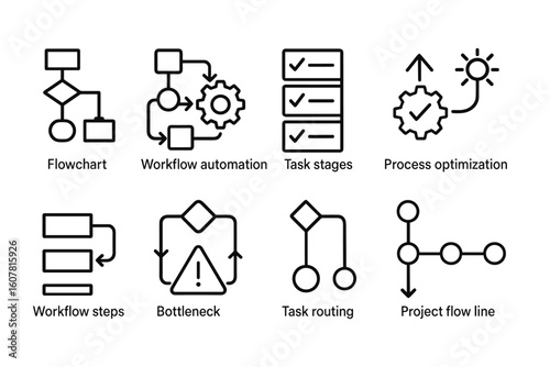 Set of Workflow and Process Management Icons Including Flowchart, Automation, and Optimization