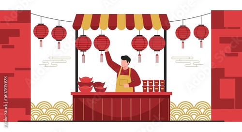 Vibrant Chinese Lunar Year Stall With Lanterns And Traditional Decorations
