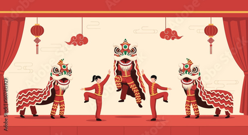 Vibrant Chinese New Year Celebration With Lion Dance Performance On Stage
