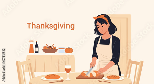 Woman Prepares A Delicious Meal For A Festive Thanksgiving Celebration