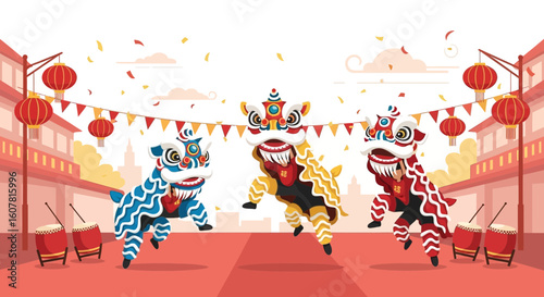 Vibrant Lion Dance Performance Celebrating Chinese Lunar New Year Festive Scene
