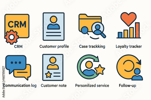 Colorful CRM System Icons Set Including Customer Profile, Case Tracking, and Loyalty Tracker