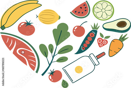 Heart-shaped illustration of healthy food: fruits, vegetables, fish, and supplement bottle; vibrant, flat style; cheerful mood.