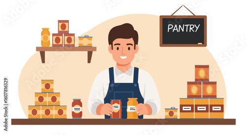 Volunteer Prepares Foodstuffs Donations for Charity Collection at the Pantry