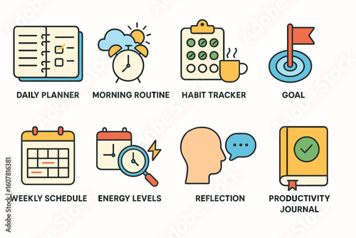 Collection of Productivity and Organization Icons Featuring Planners, Schedules, and Goals