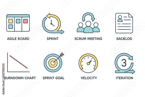 Agile and Scrum Methodology Icons Set: Agile Board, Sprint, Scrum Meeting, and More