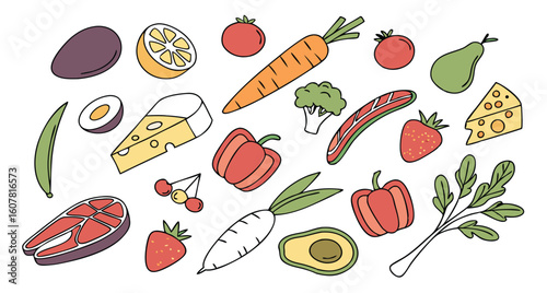 Vibrant hand-drawn illustration of fresh produce, cheese, and fish; healthy eating concept; cheerful, appetizing style.