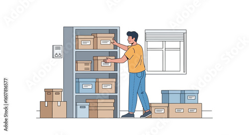 Warehouse Worker Arranging Cardboard Boxes on Shelves in a Storage Room