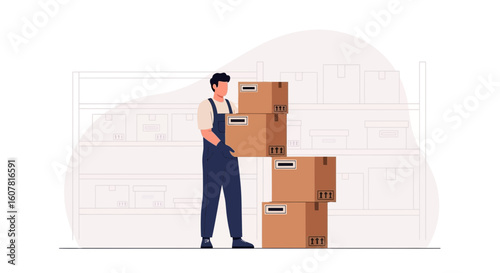 Warehouse Worker Carrying Stacked Boxes For Distribution Or Storage