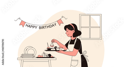 Woman Prepares Sweet Treats For A Home Birthday Party Celebration In Kitchen