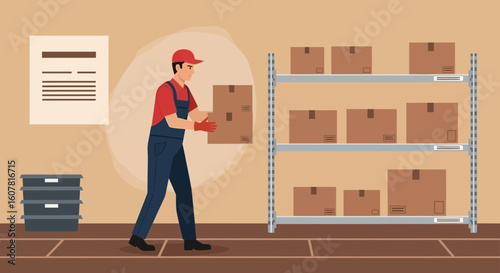 Warehouse Worker Organizing Boxes On Shelves For Efficient Inventory Management