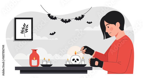 Woman Prepares The Decoration With Candles For Halloween Holiday At Home