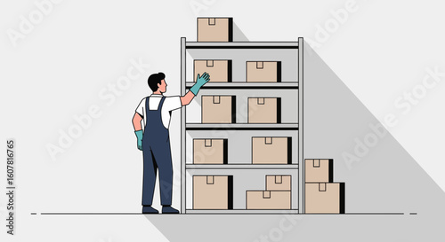 Warehouse Worker Organizing Packages On Shelves In Distribution Center