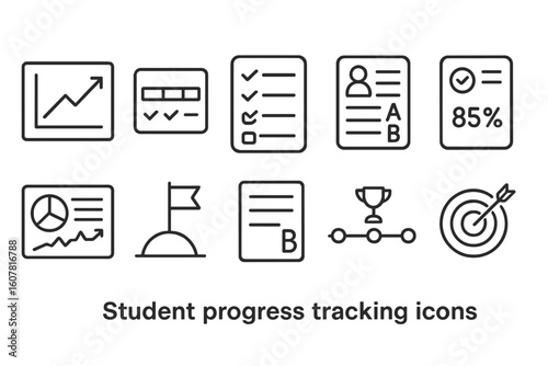 Set of Student Progress Tracking Icons Featuring Charts, Checklists, and Goal Symbols