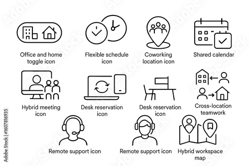 Black and White Line Icons for Hybrid Work Environments Including Office, Remote Support, and Coworking