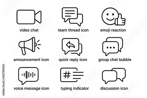 Icon Set for Communication and Messaging Features: Video Chat, Emoji, Group Chat, and More