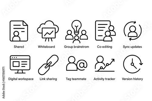 Set of 10 Line Icons Representing Teamwork, Collaboration, and Digital Tools