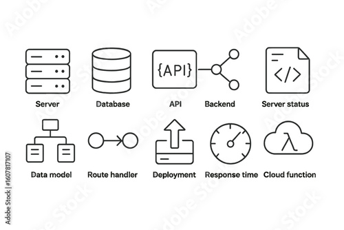 Set of Black and White Line Icons Representing Software Development and Cloud Computing Concepts