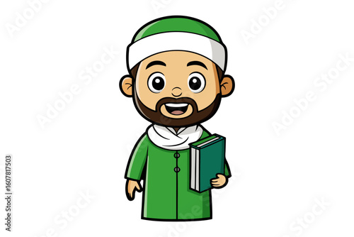 Friendly muslim teacher with beard and kufi hat holding a pointer stick behind a podium