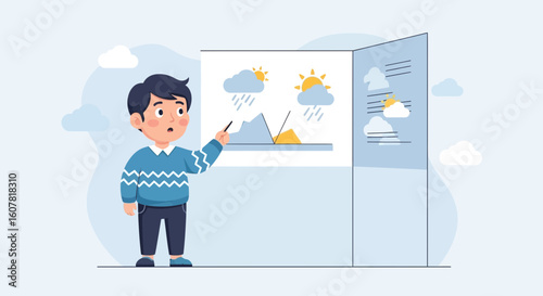 Weather Presentation With Young Forecaster Illustration Explaining Graphic Data