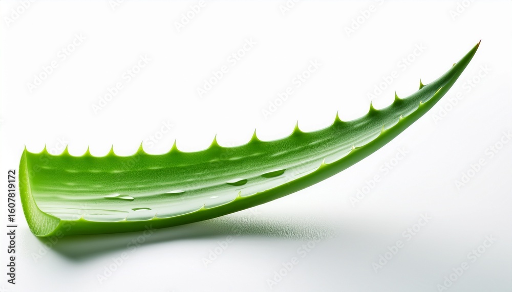 a single fresh green aloe vera plant leaf known for its medicinal properties isolated on a white background a single fresh green aloe vera plant leaf known for its medicinal properties isolated on a white background